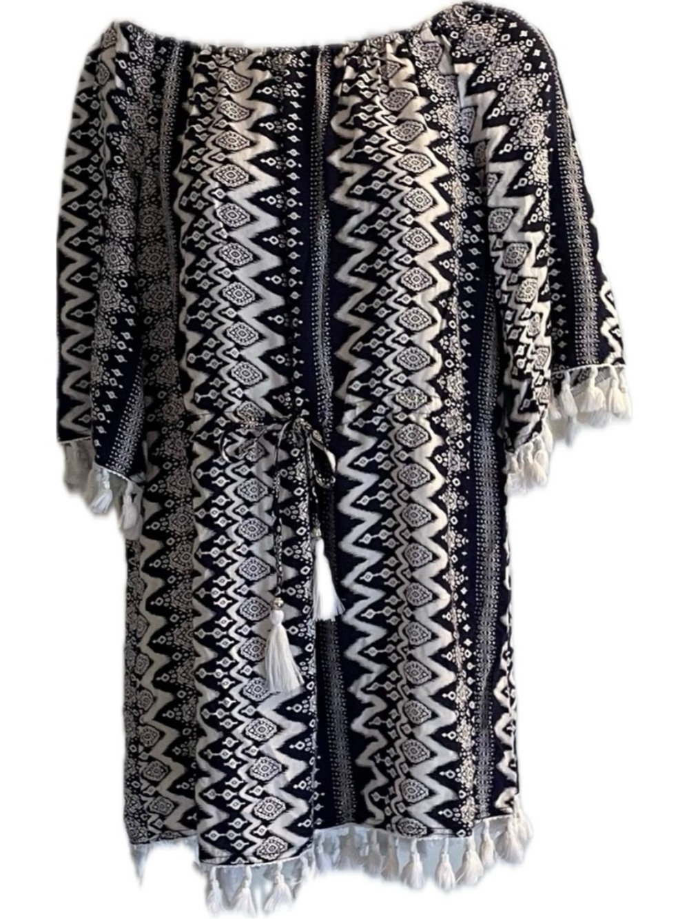 blue island Navy and White Patterned Midi Dress with Tassels